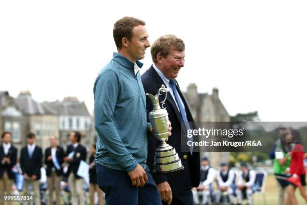 Open Champion Jordan Spieth of United States of America arrives with the Claret Jug during the Junior Open Championship opening ceremony at The Old...