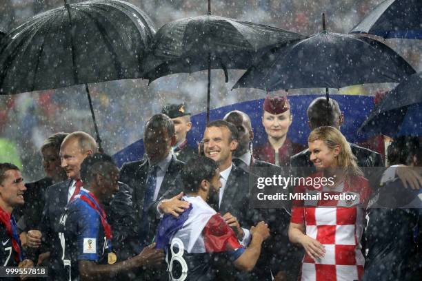 Russian President Vladimir Putin, French President Emmanuel Macron, Croatian President Kolinda Grabar-Kitarovic attend the 2018 FIFA World Cup final...