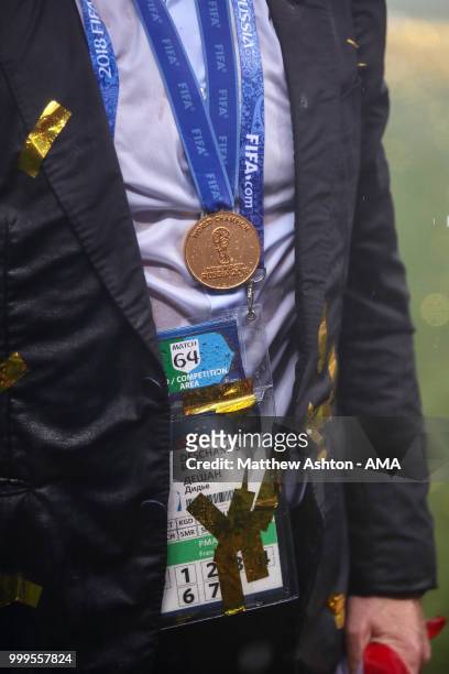 Didier Deschamps head coach / manager of France with the World Cup winners medal around his neck and tournament accrediation during the 2018 FIFA...