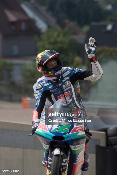 Marco Bezzecchi of Italy and Pruestel GP celebrates the second place at the end of the Moto3 race during the MotoGp of Germany - Race at Sachsenring...