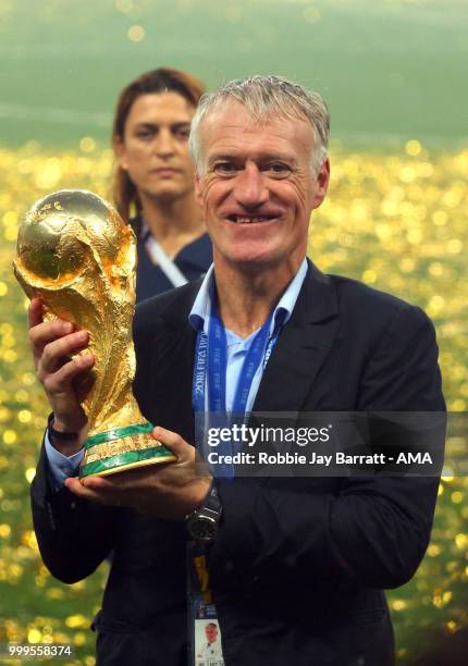 Didier Deschamps, Manager of France celebrates victory with the FIFA World Cup trophy at the end of of the 2018 FIFA World Cup Russia Final between...