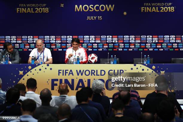 Zlatko Dalic, Head coach of Croatia speaks to the media during the post match press conference following the 2018 FIFA World Cup Final between France...