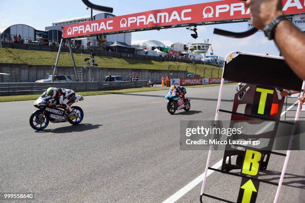 Tony Arbolino of Italy and Marinelli Snipers Team leads the field during the Moto3 race during the MotoGp of Germany - Race at Sachsenring Circuit on...