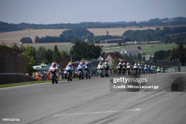 Albert Arenas of Spain and Angel Nieto Team Moto3 leads the field during the Moto3 race during the MotoGp of Germany - Race at Sachsenring Circuit on...