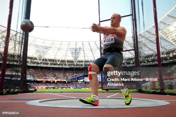 Johannes Bichler of Germany competes in the Men's Hammer Throw during day two of the Athletics World Cup London at the London Stadium on July 15,...