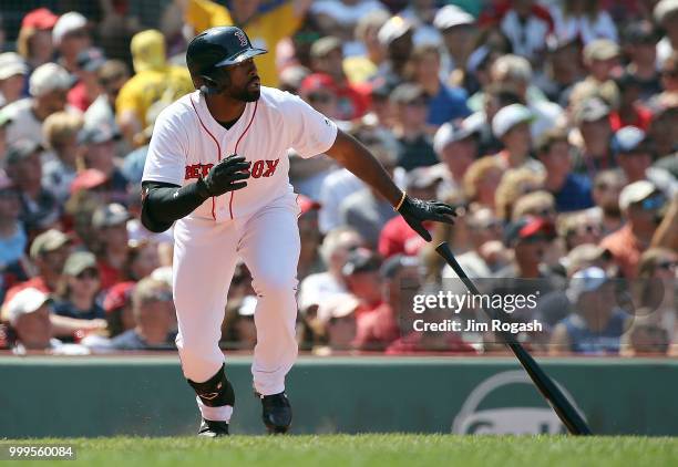 Jackie Bradley Jr. #19 of the Boston Red Sox knocks in a run on a sac fly against the Toronto Blue Jays in the fifth inning at Fenway Park on July...