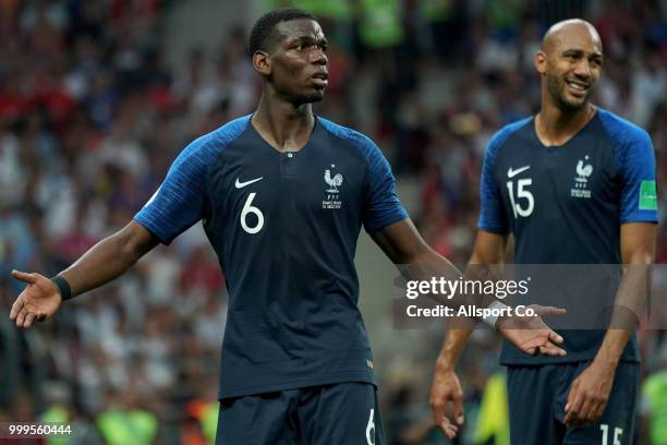Paul Pogba of France reacts while Steven Nzonzi looks on during the 2018 FIFA World Cup Russia Final between France and Croatia at Luzhniki Stadium...
