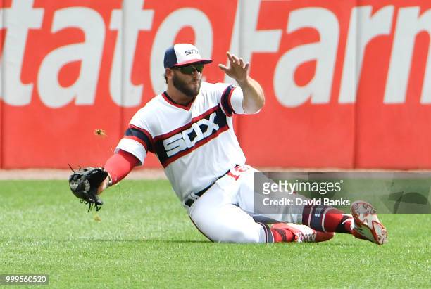 Daniel Palka of the Chicago White Sox can't catch a single hit by Salvador Perez of the Kansas City Royals during the first inning on July 15, 2018...