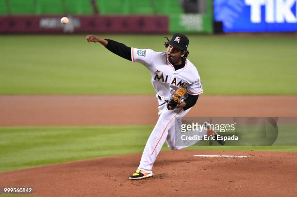 Jose Urena of the Miami Marlins throws a pitch during the first inning against the Philadelphia Phillies at Marlins Park on July 15, 2018 in Miami,...