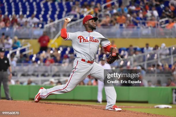 Enyel De Los Santos of the Philadelphia Phillies throws a pitch during the second inning against the Miami Marlins at Marlins Park on July 15, 2018...