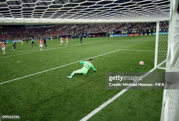 Goalkeeper Danijel Subasic of Croatia is beaten by a shot from Kylian Mbappe for France's fourth goal during the 2018 FIFA World Cup Final between...