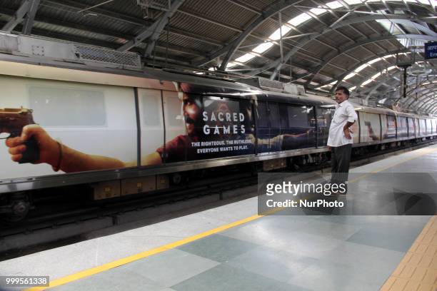 Indian web television series, Sacred Games poster can be seen on Delhi Metro, on July 15, 2018.
