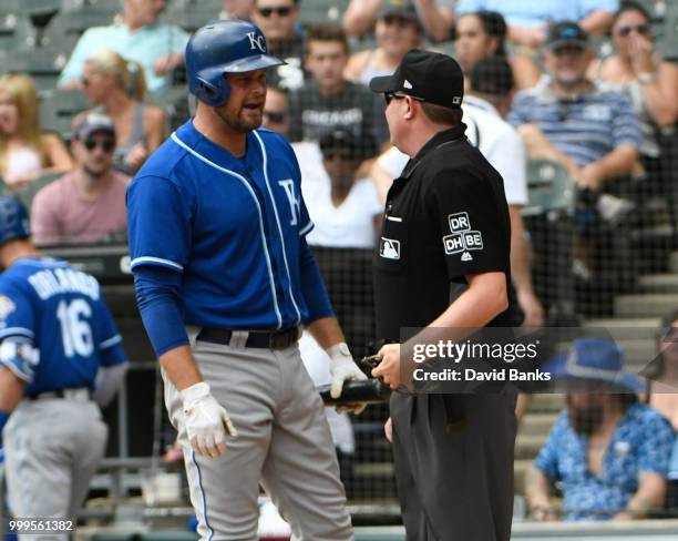 Lucas Duda of the Kansas City Royals argues a called third strike with umpire Chad Whitson during the first inning on July 15, 2018 at Guaranteed...
