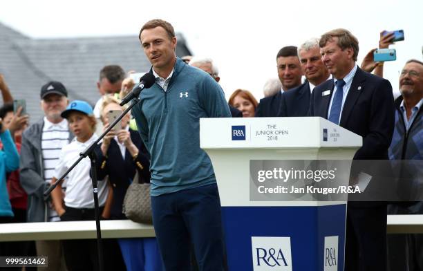 Open Champion Jordan Spieth of United States of America addresses the players during the Junior Open Championship opening ceremony at The Old Course...