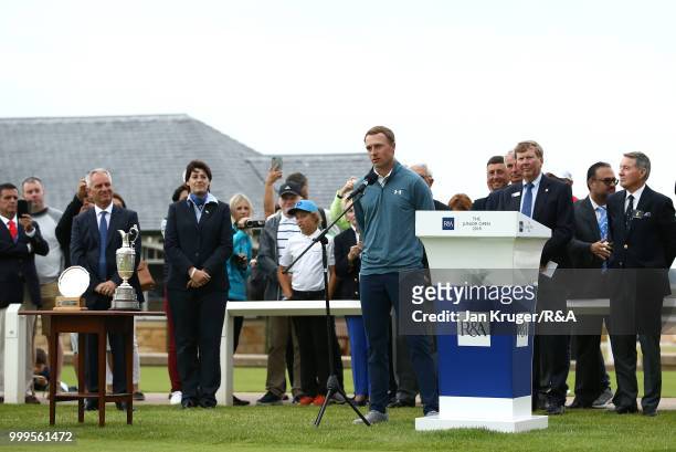 Open Champion Jordan Spieth of United States of America addresses the players during the Junior Open Championship opening ceremony at The Old Course...