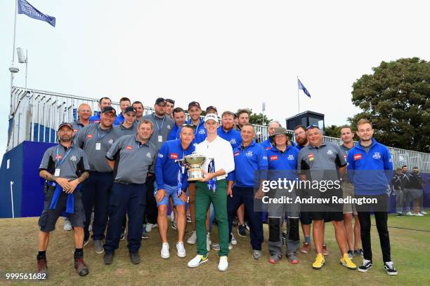 Brandon Stone of South Africa celebrates victory with the trophy during day four of the Aberdeen Standard Investments Scottish Open at Gullane Golf...