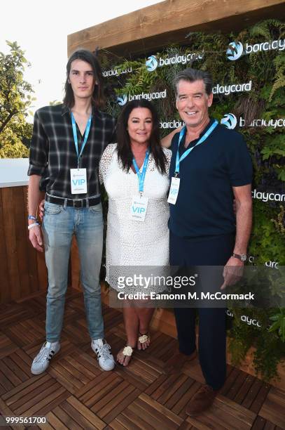 Dylan Brosnan, Keely Shaye Smith and Pierce Brosnan attend as Barclaycard present British Summer Time Hyde Park at Hyde Park on July 15, 2018 in...