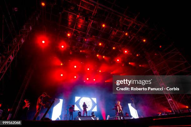 Lodovico Guenzi and his group Lo Stato Sociale performs on stage on July 14, 2018 in Rome, Italy.