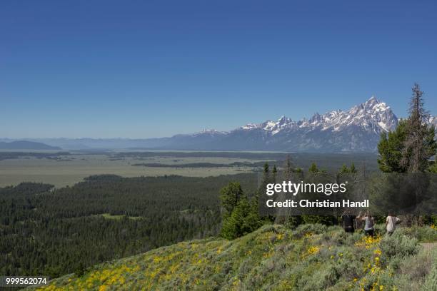 view of grand teton national park from signal mountain road, wyoming, united states - signal stock-fotos und bilder