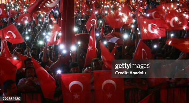 People gather at the Dirilis Square to attend July 15 Democracy and National Unity Day's events to mark July 15 defeated coup's 2nd anniversary in...