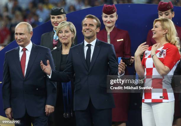 Russian President Vladimir Putin, French President Emmanuel Macron, Croatian President Kolinda Grabar-Kitarovic attend the 2018 FIFA World Cup final...