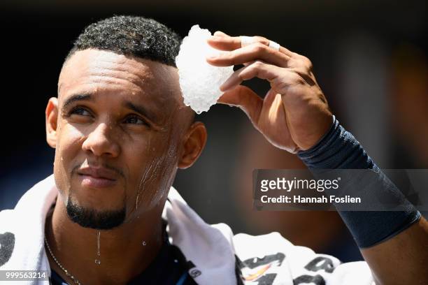 Carlos Gomez of the Tampa Bay Rays applies ice to his head before the game against the Minnesota Twins on July 15, 2018 at Target Field in...