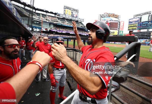 Anthony Rendon of the Washington Nationals celebrates scoring a run against the New York Mets in the second inning during their game at Citi Field on...