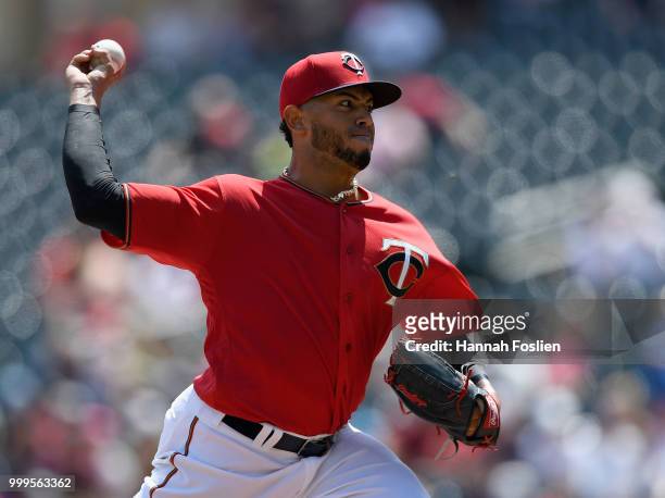 Fernando Romero of the Minnesota Twins delivers a pitch against the Tampa Bay Rays during the first inning of the game on July 15, 2018 at Target...