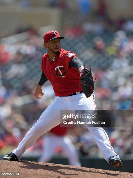 Fernando Romero of the Minnesota Twins delivers a pitch against the Tampa Bay Rays during the first inning of the game on July 15, 2018 at Target...