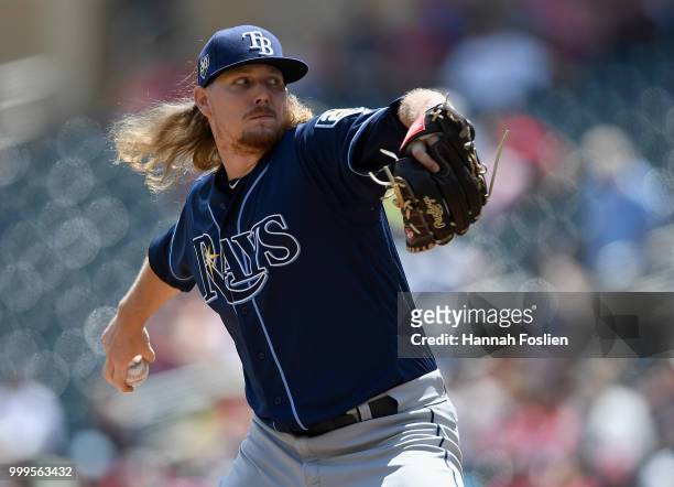Ryne Stanek of the Tampa Bay Rays delivers a pitch against the Minnesota Twins during the first inning of the game on July 15, 2018 at Target Field...