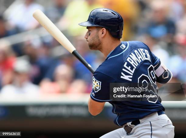 Kevin Kiermaier of the Tampa Bay Rays hits an RBI single against the Minnesota Twins during the second inning of the game on July 15, 2018 at Target...