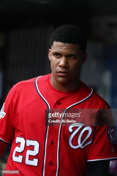 Juan Soto of the Washington Nationals looks on against the New York Mets during their game at Citi Field on July 15, 2018 in New York City.