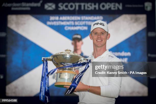 Brandon Stone with the Scottish Open Trophy following his final round 60 following day four of the Aberdeen Standard Investments Scottish Open at...