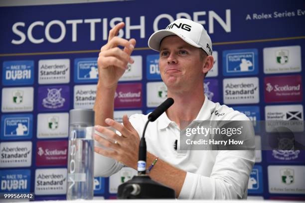 Winner Brandon Stone of South Africa talks in the post event press conference during day four of the Aberdeen Standard Investments Scottish Open at...