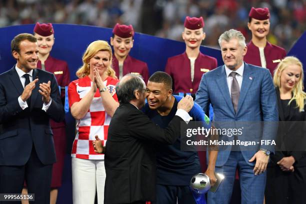 Kylian Mbappe of France is awarded with the FIFA Young Player award following the 2018 FIFA World Cup Final between France and Croatia at Luzhniki...