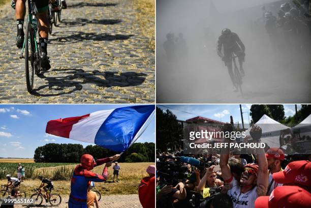 This combination of photos taken during the ninth stage of the 105th edition of the Tour de France cycling race between Arras and Roubaix, northern...
