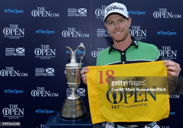 Jens Dantorp of Sweden poses with the Claret Jug after qualifying for the Open during the Open Qualifying Series as part of the Aberdeen Standard...