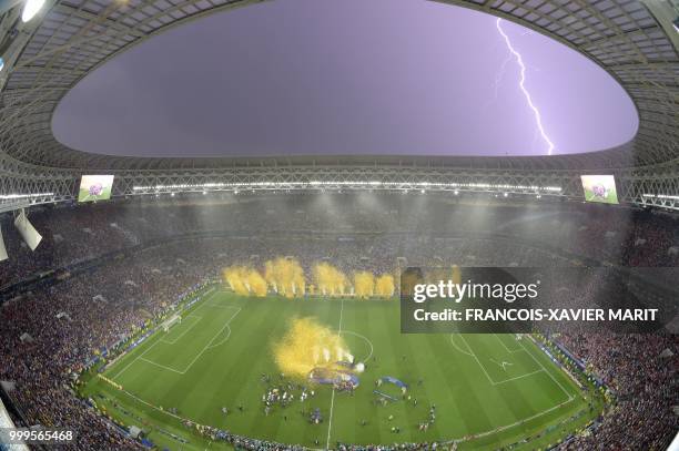 Lightning strikes as France players celebrate after the Russia 2018 World Cup final football match between France and Croatia at the Luzhniki Stadium...