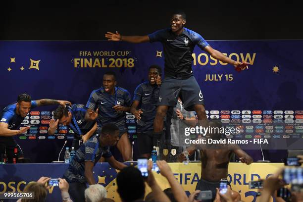 France players celebrate during the press conference after the 2018 FIFA World Cup Final between France and Croatia at Luzhniki Stadium on July 15,...