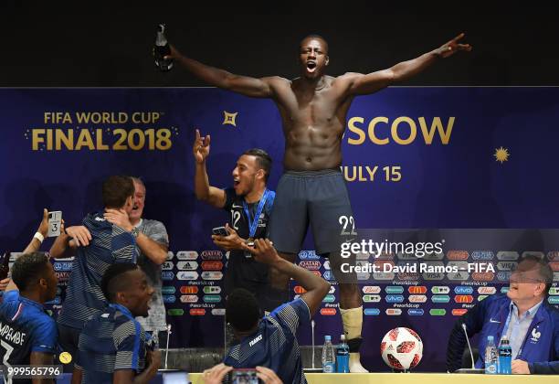 France players celebrate during the press conference after the 2018 FIFA World Cup Final between France and Croatia at Luzhniki Stadium on July 15,...