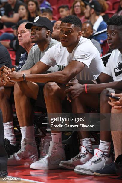 Giannis Antetokounmpo of the Milwaukee Bucks attends the game between the Chicago Bulls and Dallas Mavericks during the 2018 Las Vegas Summer League...