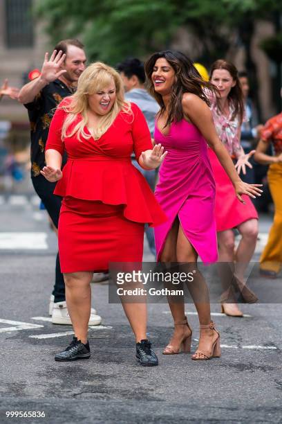 Rebel Wilson and Priyanka Chopra are seen filming a scene for 'Isn't It Romantic?' in Midtown on July 15, 2018 in New York City.