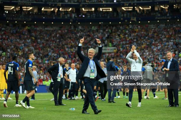 France coach Didier Deschamps celebrates victory after the 2018 FIFA World Cup Russia Final between France and Croatia at the Luzhniki Stadium on...