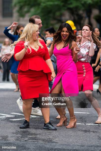 Rebel Wilson and Priyanka Chopra are seen filming a scene for 'Isn't It Romantic?' in Midtown on July 15, 2018 in New York City.