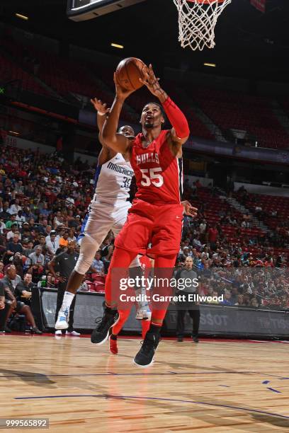 Jarnell Stokes of the Chicago Bulls glides to the basket against the Dallas Mavericks during the 2018 Las Vegas Summer League on July 11, 2018 at the...