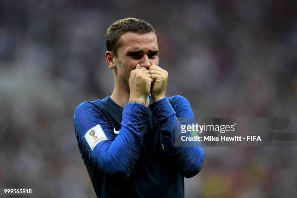 Antoine Griezmann of France reacts after victory in the 2018 FIFA World Cup Final between France and Croatia at Luzhniki Stadium on July 15, 2018 in...