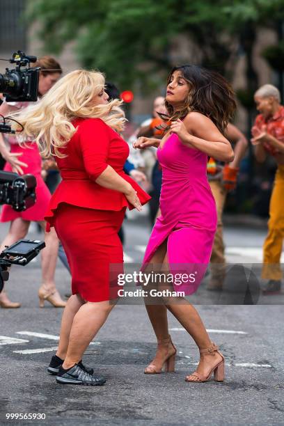 Rebel Wilson and Priyanka Chopra are seen filming a scene for 'Isn't It Romantic?' in Midtown on July 15, 2018 in New York City.