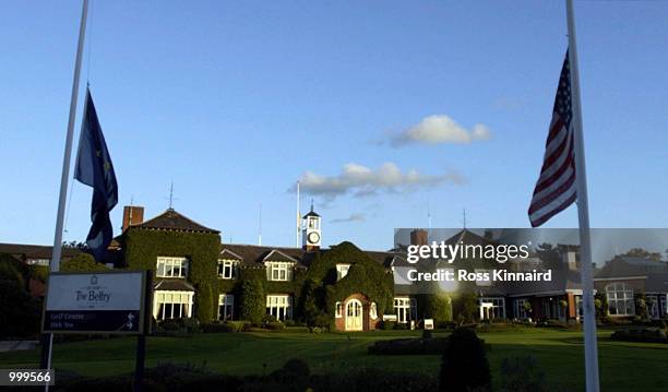 The Stars and Strips fly at half mast at the Belfry behind the 18th green at the Brabazon Golf Course near Birmingham. DIGITAL IMAGE. Mandatory...