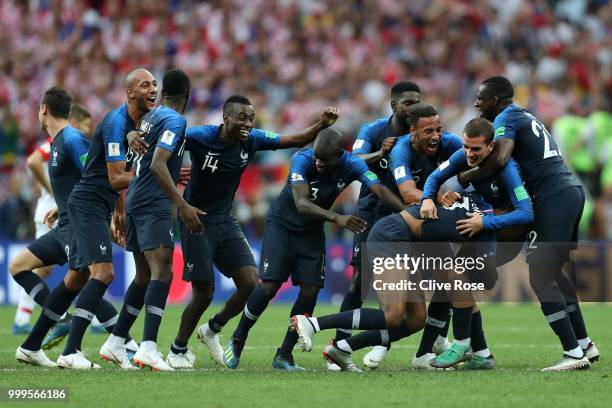 France players celebrate victory following the 2018 FIFA World Cup Final between France and Croatia at Luzhniki Stadium on July 15, 2018 in Moscow,...
