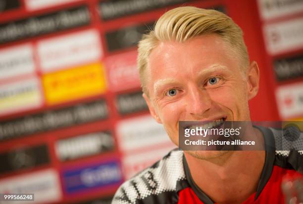 The new player of the VfB Stuttgart, Andreas Beck during his presentation at the Club Centre of the VfB in Stuttgart, Germany, 1 September 2017. The...